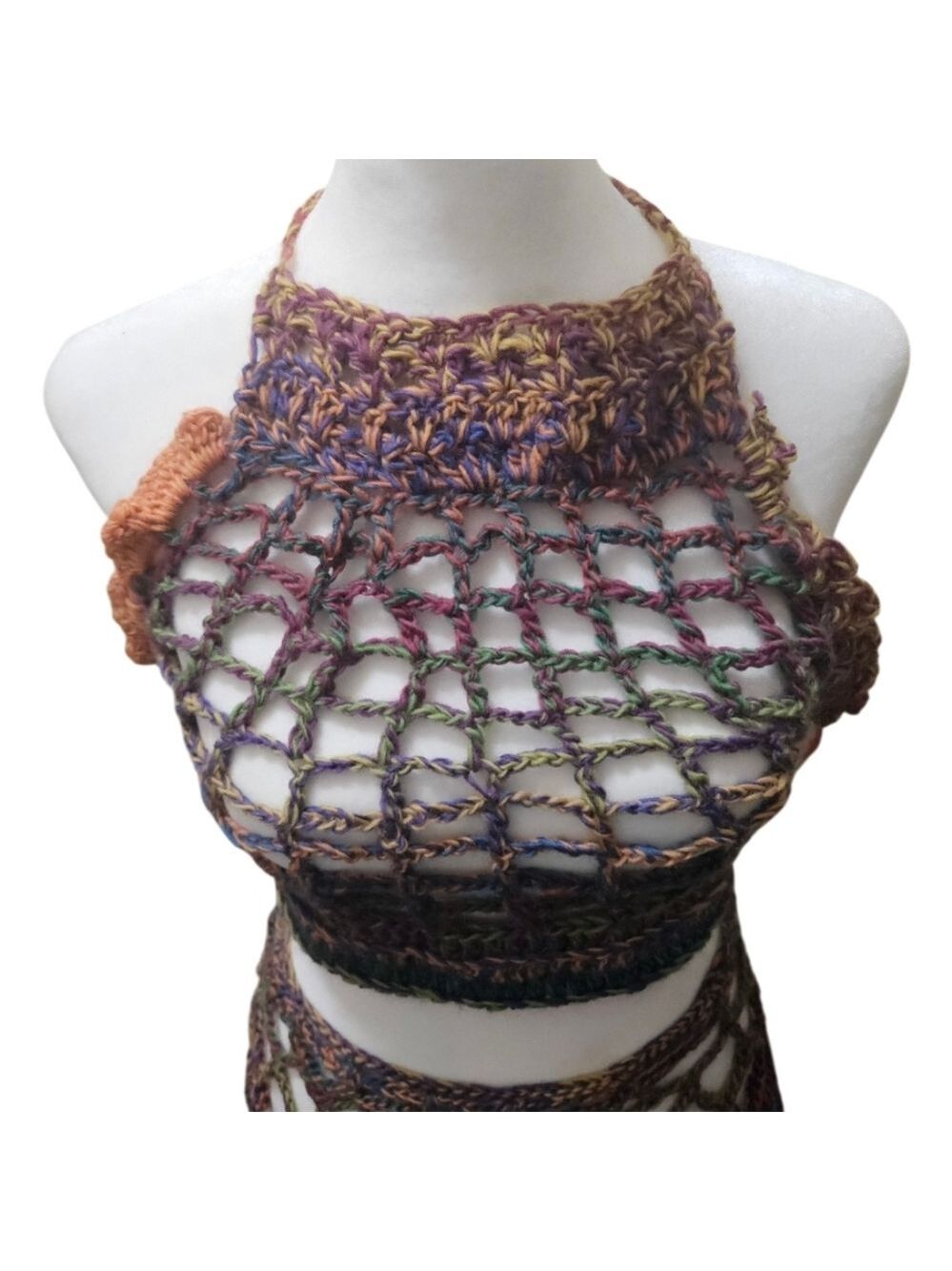 Handmade Crochet Swim Cover-up Fishnet Design Multicolor Rainbow Halter Crop-Top - Picture 13 of 17
